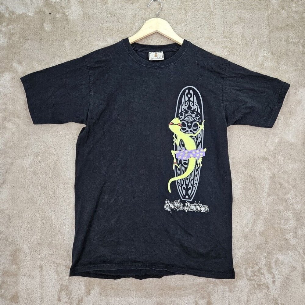 Caribbean Taino Dominican Republic Surfing Gecko Lizard T-Shirt Men's Sz L Black